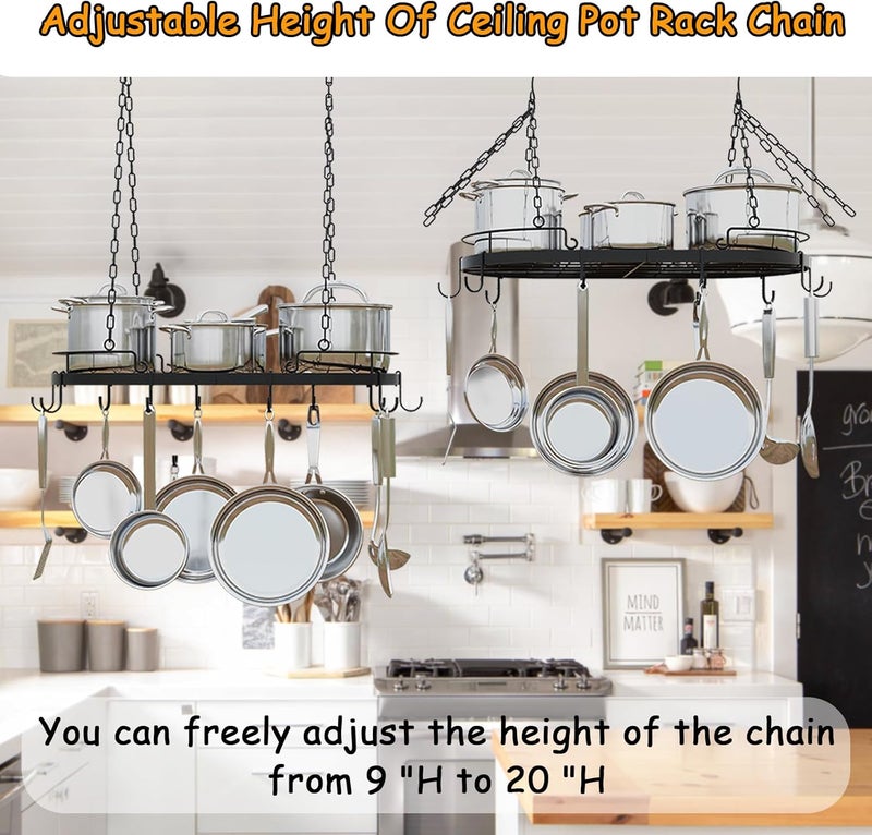 TICKCACY 24.4” Metal Pot Rack Hanging, Oval Pan Rack Hanging with Hooks, Heavy Duty Ceiling Pot Rack with Grid, Pot and Pan Hangers for Kitchen Cookware Utensils Toiletries, Easy Assembly, Black - Image 5